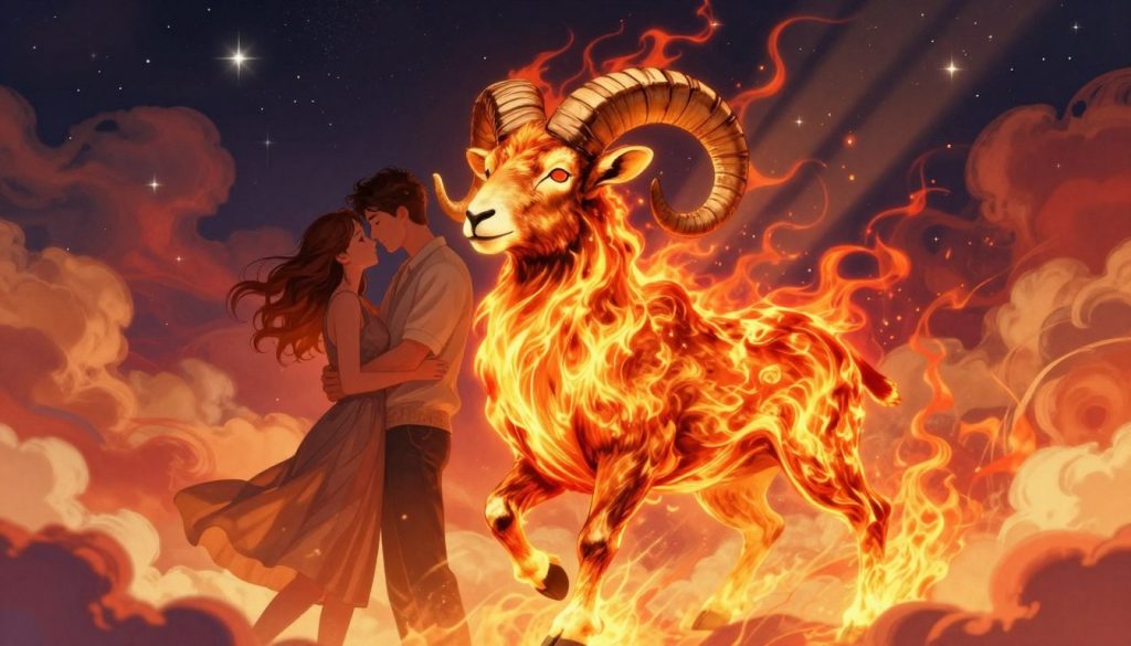 A dynamic illustration of the Aries zodiac sign to capture the essence of love, featuring a bold, fiery ram symbolizing passion and energy. In the foreground, depict a majestic ram with vibrant flames glowing around it, radiating warmth and intensity. In the middle ground, incorporate imagery of a couple deeply in love, embracing under a starry night sky, dressed in elegant casual attire that suggests a modern connection. The background should showcase soft, swirling clouds of warm colors—reds, oranges, and golds—that evoke a sense of vitality and enthusiasm. Use dramatic lighting to enhance the scene, with playful rays illuminating the couple and ram. The overall mood should be passionate and romantic, reflecting the energetic nature of fire signs. A dynamic illustration of the Aries zodiac sign to capture the essence of love, featuring a bold, fiery ram symbolizing passion and energy. In the foreground, depict a majestic ram with vibrant flames glowing around it, radiating warmth and intensity. In the middle ground, incorporate imagery of a couple deeply in love, embracing under a starry night sky, dressed in elegant casual attire that suggests a modern connection. The background should showcase soft, swirling clouds of warm colors—reds, oranges, and golds—that evoke a sense of vitality and enthusiasm. Use dramatic lighting to enhance the scene, with playful rays illuminating the couple and ram. The overall mood should be passionate and romantic, reflecting the energetic nature of fire signs.