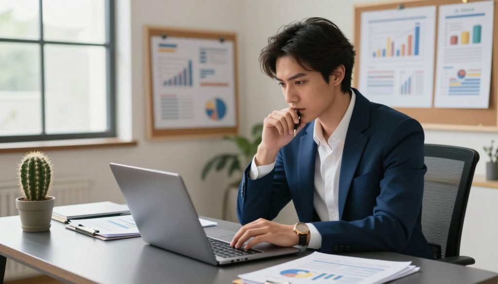 A focused and determined Scorpio zodiac sign represented by a stylish individual in professional business attire, sitting at a sleek modern desk filled with financial reports and charts. The foreground features the Scorpio individual working intently on a laptop, with a pen in hand, deep in thought about career goals and resource management. In the middle ground, there are carefully organized documents, a small potted cactus symbolizing resilience, and a vision board with ambitious targets. The background shows a bright office with large windows letting in natural light, casting soft shadows that enhance the professional atmosphere. The mood is inspiring and motivating, reflecting the intensity and determination that Scorpios are known for. The color palette is rich with deep blues and golds, adding a touch of elegance. A focused and determined Scorpio zodiac sign represented by a stylish individual in professional business attire, sitting at a sleek modern desk filled with financial reports and charts. The foreground features the Scorpio individual working intently on a laptop, with a pen in hand, deep in thought about career goals and resource management. In the middle ground, there are carefully organized documents, a small potted cactus symbolizing resilience, and a vision board with ambitious targets. The background shows a bright office with large windows letting in natural light, casting soft shadows that enhance the professional atmosphere. The mood is inspiring and motivating, reflecting the intensity and determination that Scorpios are known for. The color palette is rich with deep blues and golds, adding a touch of elegance.