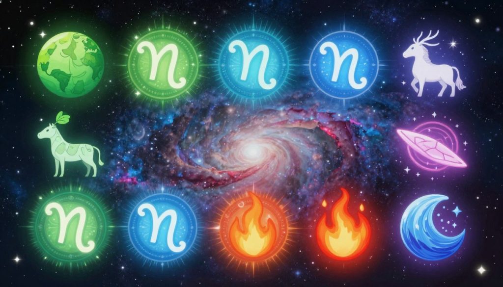 A harmonious representation of zodiac compatibility, showcasing twelve zodiac signs artistically intertwined. In the foreground, vividly illustrated zodiac symbols radiate energy through intricate designs, each sign adorned with its corresponding elemental traits—earth, air, fire, and water. In the middle ground, a cosmic background filled with twinkling stars and a majestic nebula sets an ethereal tone. Soft, glowing light emanates from each sign, blending colors that symbolize compatibility: greens for harmony, blues for tranquility, and reds for passion. The atmosphere is serene yet vibrant, inviting reflection and insight. The composition is balanced, with a slight depth-of-field effect focusing on the zodiac symbols, while the celestial backdrop adds intrigue and mystery, effectively summarizing the concept of zodiac compatibility.