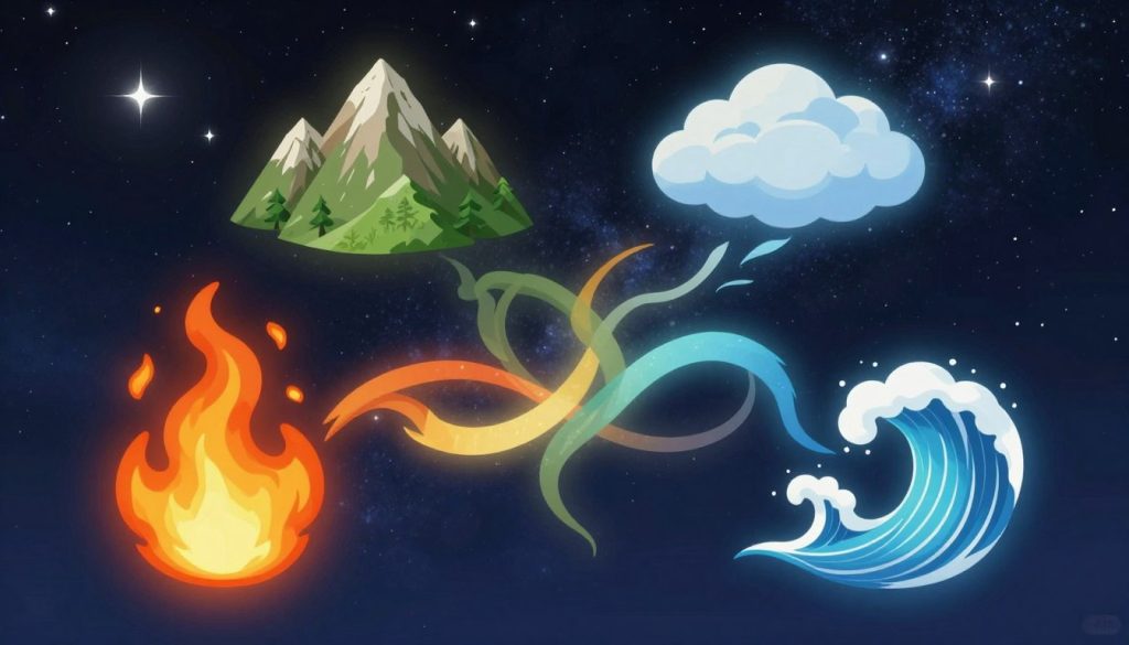 A harmonious visualization of elemental compatibility in astrology, showcasing the four elements: Fire, Earth, Air, and Water. In the foreground, stylized symbols for each element are intricately designed, glowing softly to signify their traits—dynamic flames for Fire, sturdy mountains for Earth, fluttering clouds for Air, and serene waves for Water. The middle of the image features elements intertwining in a fluid dance, embodying relationships and unity without stereotypes. In the background, a cosmic night sky filled with stars creates a mystical atmosphere, illuminating the scene with a gentle silvery light. The mood is serene yet vibrant, encouraging a sense of exploration and understanding of astrological connections. The scene is captured from a slightly elevated angle to provide depth and harmony among the elements.