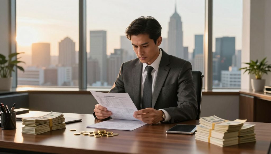 A luxurious office setting with a large wooden desk at the forefront, adorned with stacks of money and gold coins. In the middle, a confident individual in a tailored business suit examines a financial report, embodying ambition and success. Behind them, a panoramic view of a bustling city skyline during golden hour, symbolizing wealth and status. Soft natural lighting filters through large windows, creating an inspiring atmosphere, with highlights reflecting off polished surfaces. The mood is one of determination and focus, emphasizing the importance of financial success and ambition in one’s career. There are no personal items, just elements that convey professionalism and aspiration. A luxurious office setting with a large wooden desk at the forefront, adorned with stacks of money and gold coins. In the middle, a confident individual in a tailored business suit examines a financial report, embodying ambition and success. Behind them, a panoramic view of a bustling city skyline during golden hour, symbolizing wealth and status. Soft natural lighting filters through large windows, creating an inspiring atmosphere, with highlights reflecting off polished surfaces. The mood is one of determination and focus, emphasizing the importance of financial success and ambition in one’s career. There are no personal items, just elements that convey professionalism and aspiration.