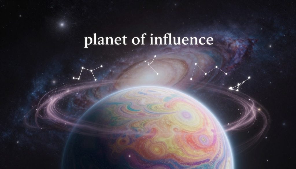 A mesmerizing celestial scene depicting the "planet of influence," with a large, vibrant planet dominating the foreground, showcasing intricate patterns and hues that represent its astrological significance. Surround the planet with ethereal wisps of light and small orbs of energy, symbolizing its impact on various zodiac signs. In the middle ground, include faint silhouettes of constellations shimmering softly, hinting at their connection to the planet's energy. The background should feature a deep, starry sky with nebulae and distant galaxies, creating a sense of vastness and mystery. Use soft, ethereal lighting to evoke a tranquil, contemplative mood, as if viewers are gazing into the depths of the universe, reflecting on destiny and influence. The image should be beautifully symmetrical, shot from a slightly angled perspective to add depth and interest.