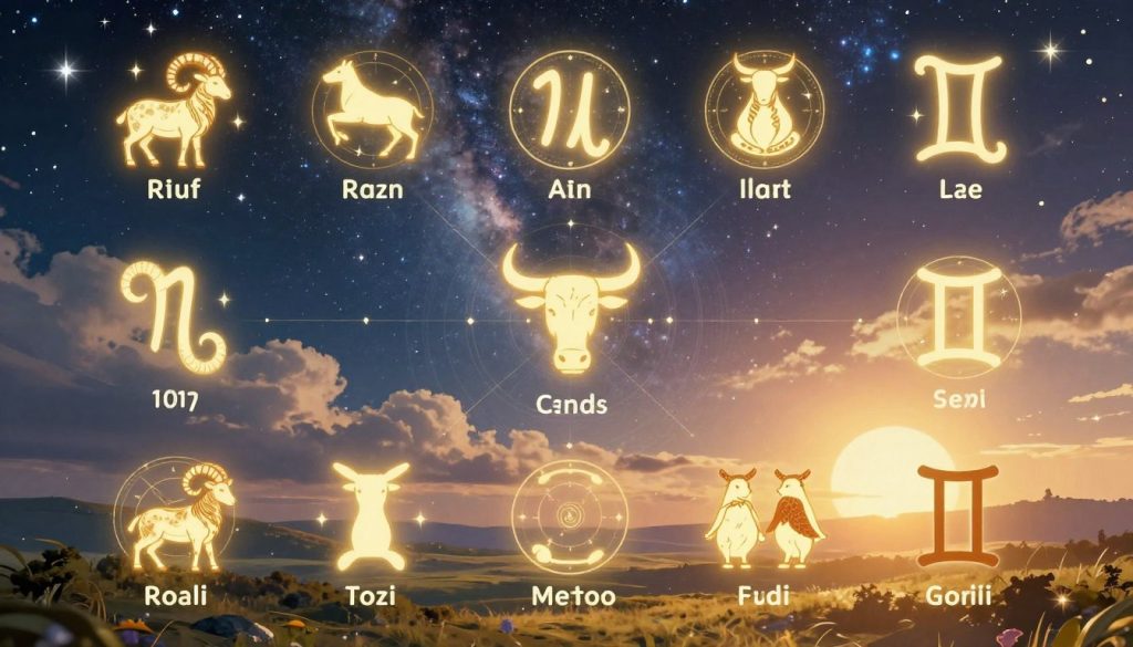 A mystical astrological illustration featuring the twelve zodiac signs, each symbol and creature representing a unique astrological date. In the foreground, vivid illustrations of individual zodiac symbols, such as Aries' ram, Taurus' bull, and Gemini's twins, emanate an energetic glow. The middle layer reveals a celestial sky filled with twinkling stars and soft, swirling clouds, showcasing a cosmic connection between the zodiac signs and their meanings. In the background, a serene landscape with a rising sun casts warm golden light over the scene, highlighting the harmonious interplay of nature and astrology. The atmosphere is enchanting and inviting, evoking a sense of wonder and exploration. The image maintains a polished and professional style, suitable for an article on astrology without any text or watermarks.