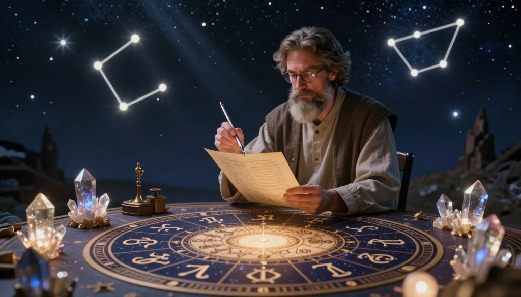 A mystical scene depicting astrology in a celestial setting. In the foreground, a beautifully designed astrological chart with intricate zodiac symbols, surrounded by glowing crystals. In the middle ground, a wise astrologer studying the chart, dressed in a modest and professional attire, holding a quill above a parchment. The background features a starry sky filled with constellations, softly illuminating the entire scene. Subtle light rays emanate from the stars, creating a serene, reflective atmosphere. The image captures an ethereal blend of knowledge and mystery while ensuring a calm, inviting mood. The colors are rich and deep, enhancing the sense of wonder and exploration in the realm of astrology.