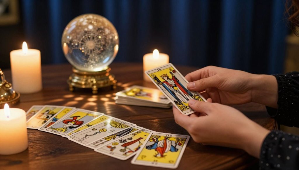A mystical scene featuring a Tarot card reading that symbolizes January horoscopes. In the foreground, a beautifully designed Tarot deck is fanned out on a dark wooden table, with intricate illustrations depicting celestial symbols and zodiac signs. A pair of hands, dressed in elegant yet modest clothing, is gently selecting a card. In the middle ground, a softly glowing crystal ball and burning candles create an enchanting atmosphere, casting flickering shadows. The background features a richly draped, midnight blue curtain, enhancing the sense of mystery and intrigue. The lighting is warm and inviting, emphasizing the golden glow of the candles, creating a calm and reassuring mood, perfect for reading Tarot without anxiety.