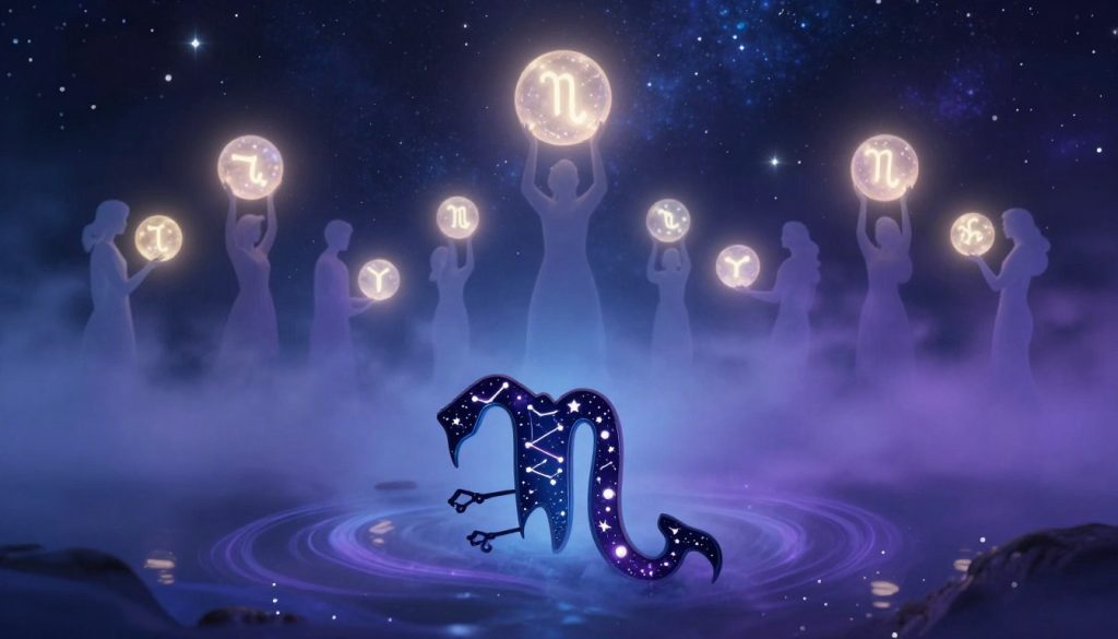 A mystical scene showcasing the compatibility of Scorpio with other zodiac signs. In the foreground, a majestic Scorpio symbol, designed with intricate constellations and surrounded by a swirling mist of deep blues and purples. In the middle ground, twelve zodiac signs represented as ethereal silhouettes, each holding a glowing orb that symbolizes their unique traits. The background features a starry night sky, with soft, shimmering lights and stars twinkling, creating an enchanting atmosphere. The scene is illuminated by a gentle, ethereal glow from the orbs, casting subtle reflections on the ground. The mood is introspective and harmonious, inviting viewers to explore the connections between Scorpio and other zodiac signs, captured in a slightly elevated angle to provide depth and perspective.