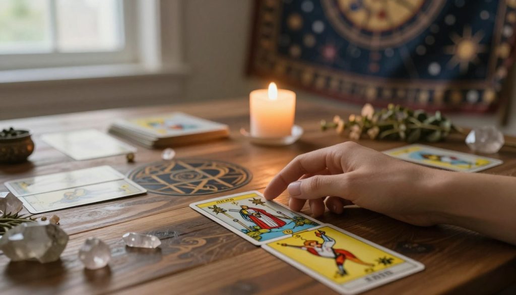 A mystical tarot card spread laid out elegantly on a richly textured wooden table. In the foreground, a hand gracefully gestures towards a specific card, adorned with vibrant colors and intricate symbolism, depicting themes of change and transformation. The middle ground features a softly glowing candle flickering, casting warm light and shadows that enhance the enchanting atmosphere. Surrounding the cards are delicate crystals and herbs, contributing to a calm, introspective vibe. In the background, a softly blurred tapestry with celestial patterns evokes the cosmic connection, while gentle natural light filters in from a nearby window, adding an ethereal glow. The overall mood is one of reflection, guidance, and the promise of new beginnings. A mystical tarot card spread laid out elegantly on a richly textured wooden table. In the foreground, a hand gracefully gestures towards a specific card, adorned with vibrant colors and intricate symbolism, depicting themes of change and transformation. The middle ground features a softly glowing candle flickering, casting warm light and shadows that enhance the enchanting atmosphere. Surrounding the cards are delicate crystals and herbs, contributing to a calm, introspective vibe. In the background, a softly blurred tapestry with celestial patterns evokes the cosmic connection, while gentle natural light filters in from a nearby window, adding an ethereal glow. The overall mood is one of reflection, guidance, and the promise of new beginnings.