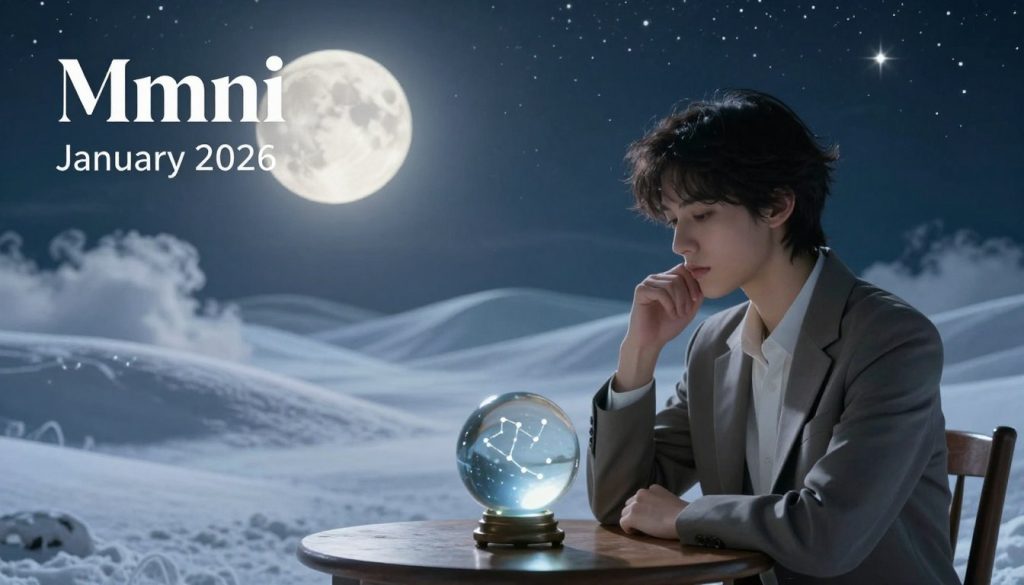 A mystical winter scene representing the astrological forecast for Gemini in January 2026. In the foreground, a serene figure, a stylishly dressed young professional in modest clothing, gazes thoughtfully at a crystal ball on a wooden table, which reflects the Gemini constellation. The middle ground features an ethereal landscape with soft, snowy hills and gently swirling clouds, hinting at the uncertainties of the future. In the background, a luminous full moon casts a gentle glow over the scene, illuminating the dark sky sprinkled with twinkling stars. The lighting is soft and dreamlike, creating a calm and contemplative atmosphere, ideal for a horoscope reading. The composition should evoke a sense of wonder and anticipation, inviting the viewer to ponder their destiny.