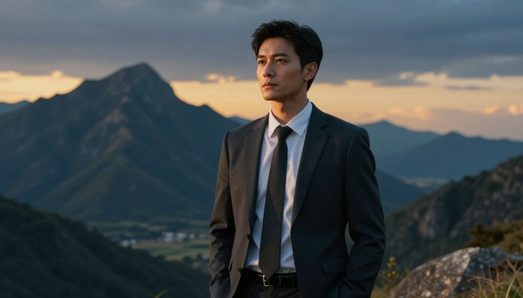 A poised Capricorn figure stands confidently in the foreground, dressed in professional business attire that reflects ambition and determination. The character exudes a sense of resilience and practicality, with sharp, thoughtful features that embody their strong qualities. In the middle ground, dramatic mountain peaks symbolize the Capricorn's ambition and steadfast nature, contrasting with a serene valley illustrating their softer side. The background fades into a twilight sky, casting warm golden and deep blue hues, creating a contemplative atmosphere. Soft, ethereal lighting highlights the figure’s expression, emphasizing the dual nature of the Capricorn personality—ambitious yet grounded. The overall mood is one of introspection and strength, perfect for illustrating the complexity of Capricorn traits while maintaining a professional and safe composition.