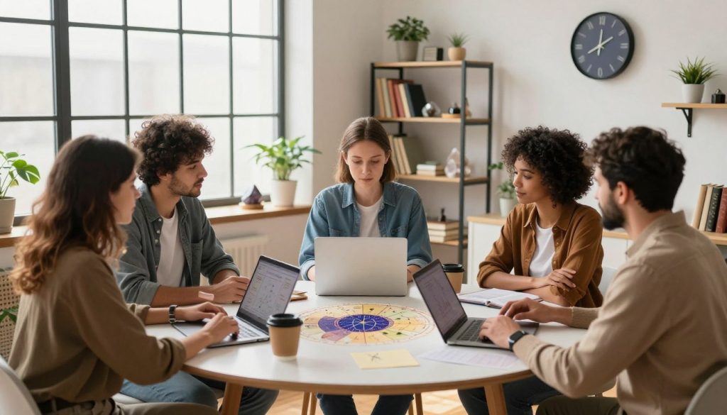A professional astrologer in a modern home office setting, deeply focused on choosing an online astrology platform. In the foreground, a diverse group of individuals, dressed in modest casual clothing, are engaged in a discussion around a round table filled with astrological charts, laptops, and coffee cups. The middle ground features a large window allowing natural light to flood the room, casting soft shadows. Shelves filled with astrology books, crystals, and plants add warmth and organization to the space. In the background, a digital clock on the wall shows the time, hinting at the busy nature of online consultations. The mood is inviting and collaborative, emphasizing a responsible choice in astrology. The overall lighting should be bright and welcoming, evoking a sense of trust and professionalism. A professional astrologer in a modern home office setting, deeply focused on choosing an online astrology platform. In the foreground, a diverse group of individuals, dressed in modest casual clothing, are engaged in a discussion around a round table filled with astrological charts, laptops, and coffee cups. The middle ground features a large window allowing natural light to flood the room, casting soft shadows. Shelves filled with astrology books, crystals, and plants add warmth and organization to the space. In the background, a digital clock on the wall shows the time, hinting at the busy nature of online consultations. The mood is inviting and collaborative, emphasizing a responsible choice in astrology. The overall lighting should be bright and welcoming, evoking a sense of trust and professionalism.