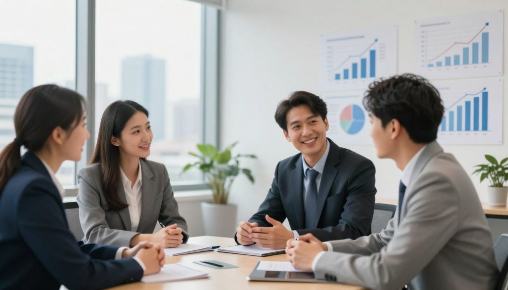 A professional business environment filled with optimism and potential for growth. In the foreground, a diverse group of three professionals - a woman and two men - are engaging in a discussion around a conference table, all dressed in smart business attire, showcasing determination and collaboration. The middle ground features a modern office space with large windows allowing natural light to pour in, illuminating charts and graphs on the walls indicating upward trends related to career advancement and financial success. In the background, a city skyline can be seen, symbolizing opportunity and ambition. The atmosphere is bright and motivational, evoking a sense of confidence and positive energy, as if the scene is set for decisive actions towards career growth without risks. Soft focus on the background enhances the sense of depth. A professional business environment filled with optimism and potential for growth. In the foreground, a diverse group of three professionals - a woman and two men - are engaging in a discussion around a conference table, all dressed in smart business attire, showcasing determination and collaboration. The middle ground features a modern office space with large windows allowing natural light to pour in, illuminating charts and graphs on the walls indicating upward trends related to career advancement and financial success. In the background, a city skyline can be seen, symbolizing opportunity and ambition. The atmosphere is bright and motivational, evoking a sense of confidence and positive energy, as if the scene is set for decisive actions towards career growth without risks. Soft focus on the background enhances the sense of depth.