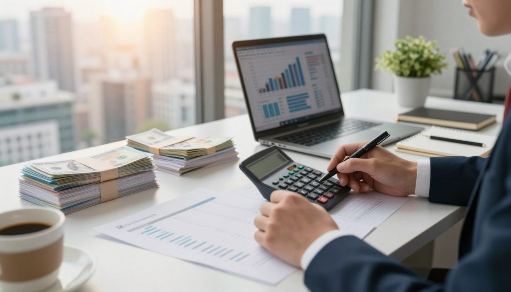 A professional office setting with a desk neatly organized with stacks of cash, financial documents, and a laptop displaying graphs. In the background, a large window shows a city skyline, bathed in warm, afternoon sunlight. On the foreground, a pair of hands, dressed in business attire, are holding a calculator and jotting down notes on expenditure plans. The atmosphere reflects a sense of productivity and focus, symbolizing the connection between money and work. Subtle details like a cup of coffee, a notepad, and a plant on the desk enhance the scene. The lighting is soft yet bright, creating an inviting work environment. The angle focuses on the hands and desk, emphasizing the theme of financial planning and budgeting.