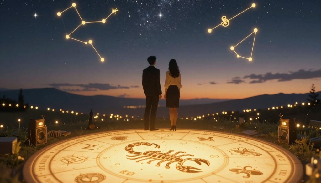 a romantic and mystical interpretation of a love horoscope scene, featuring a beautifully illustrated zodiac wheel glowing softly in the foreground, with a Scorpion symbol prominently displayed. In the middle, a silhouette of a couple dressed in business attire, gazing into a starry sky filled with constellations and symbols related to love and destiny. The background is a serene twilight landscape, with gentle hills and shimmering lights that suggest evening events, travel, and prosperity. The atmosphere is enchanting and hopeful, with warm golden hues illuminating the scene, creating a sense of connection and anticipation. Use soft focus for a dreamy effect, emphasizing the emotional and romantic elements of the love horoscope theme. a romantic and mystical interpretation of a love horoscope scene, featuring a beautifully illustrated zodiac wheel glowing softly in the foreground, with a Scorpion symbol prominently displayed. In the middle, a silhouette of a couple dressed in business attire, gazing into a starry sky filled with constellations and symbols related to love and destiny. The background is a serene twilight landscape, with gentle hills and shimmering lights that suggest evening events, travel, and prosperity. The atmosphere is enchanting and hopeful, with warm golden hues illuminating the scene, creating a sense of connection and anticipation. Use soft focus for a dreamy effect, emphasizing the emotional and romantic elements of the love horoscope theme.