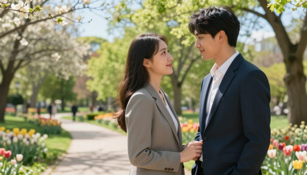 A romantic scene featuring two Gemini individuals deeply in love, standing close together in a serene park filled with blooming flowers and soft greenery. The couple, dressed in professional business attire, shares a warm, meaningful gaze, with gentle smiles that convey their connection. In the foreground, their hands are intertwined, symbolizing unity and partnership. In the middle ground, a sunlit path winds through vibrant trees, casting dappled light around them, enhancing the atmosphere of harmony. The background shows a clear blue sky, representing the optimism and joy that characterizes their relationship. The overall mood is affectionate and peaceful, evoking the essence of love and companionship. Soft, natural lighting highlights their expressions, creating an inviting and intimate environment.