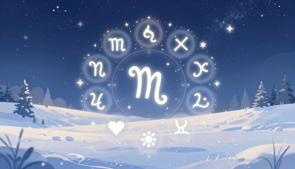 A serene and captivating illustration of a January horoscope, beautifully integrating astrological symbols for each zodiac sign. In the foreground, include a whimsical representation of the twelve zodiac symbols, artistically arranged with ethereal stars and a mystical aura surrounding them. The middle layer should feature a tranquil winter landscape, softly illuminated by the pale winter sunlight, with delicate snowflakes gently falling. The background should depict a deep indigo sky filled with twinkling stars, hinting at the vast universe. Focus on achieving a dreamy and hopeful atmosphere, evoking a sense of guidance and inspiration. The lighting should be soft and magical, enhancing the enchantment of astrology, captured from an eye-level angle for a personal touch. A serene and captivating illustration of a January horoscope, beautifully integrating astrological symbols for each zodiac sign. In the foreground, include a whimsical representation of the twelve zodiac symbols, artistically arranged with ethereal stars and a mystical aura surrounding them. The middle layer should feature a tranquil winter landscape, softly illuminated by the pale winter sunlight, with delicate snowflakes gently falling. The background should depict a deep indigo sky filled with twinkling stars, hinting at the vast universe. Focus on achieving a dreamy and hopeful atmosphere, evoking a sense of guidance and inspiration. The lighting should be soft and magical, enhancing the enchantment of astrology, captured from an eye-level angle for a personal touch.