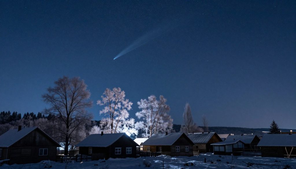 A serene and captivating night sky over a tranquil Ukrainian landscape in January, filled with bright stars twinkling against a deep blue backdrop. In the foreground, a silhouette of a quiet village with gentle snow-covered rooftops, illuminated by the soft glow of moonlight. The middle ground features tall, bare trees with frost glistening in the light, adding a sense of stillness. A comet streaks gracefully across the sky, imparting a magical aura. The atmosphere is calm and introspective, evoking the feeling of celestial influences on daily life. The lighting is soft and ethereal, creating a dreamlike quality, with a wide-angle view that brings focus to the vast, starry expanse above. A serene and captivating night sky over a tranquil Ukrainian landscape in January, filled with bright stars twinkling against a deep blue backdrop. In the foreground, a silhouette of a quiet village with gentle snow-covered rooftops, illuminated by the soft glow of moonlight. The middle ground features tall, bare trees with frost glistening in the light, adding a sense of stillness. A comet streaks gracefully across the sky, imparting a magical aura. The atmosphere is calm and introspective, evoking the feeling of celestial influences on daily life. The lighting is soft and ethereal, creating a dreamlike quality, with a wide-angle view that brings focus to the vast, starry expanse above.
