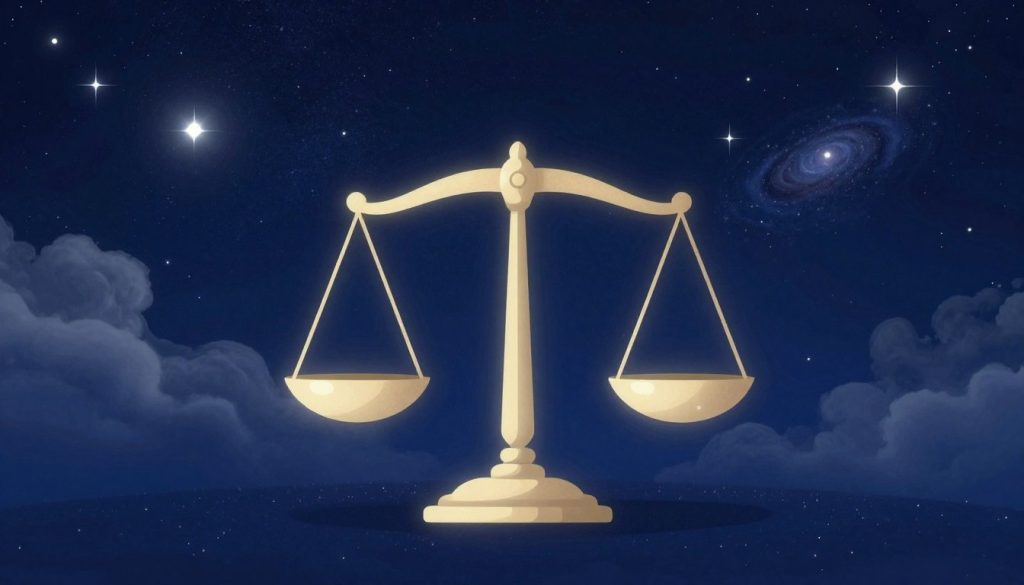 A serene and cosmic scene illustrating the zodiac sign Libra, featuring the symbol of scales balanced on a celestial backdrop. In the foreground, a pair of elegantly designed scales, reflecting justice and balance, sit atop a starry surface, with soft, glowing starlight illuminating them. The middle layer showcases ethereal clouds swirling around, hinting at the influence of celestial bodies. The background is a deep navy blue, speckled with bright stars and distant galaxies, creating a mystical atmosphere. Soft, ambient lighting highlights the scales, enhancing the feeling of harmony and equilibrium. The overall mood is peaceful and introspective, inviting viewers to contemplate the day's guiding trends and decisions.