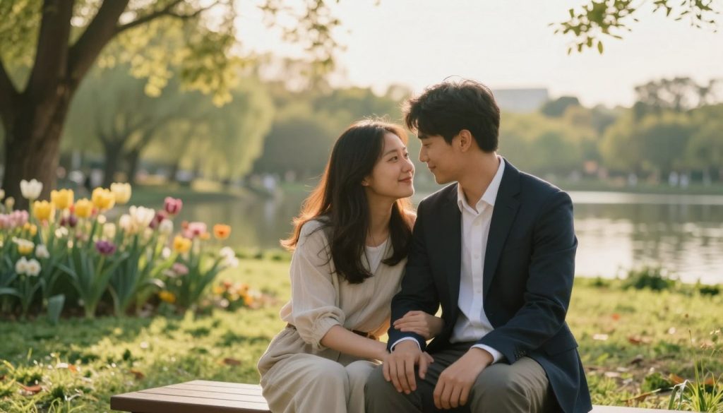 A serene and cozy scene illustrating love and relationships, featuring two individuals seated together in a peaceful park setting. In the foreground, a couple—one dressed in modest casual attire and the other in professional business attire—leans in closer, sharing a gentle smile, conveying trust and connection. In the middle ground, lush greenery and blooming flowers symbolize harmony, while the soft sunlight filters through the trees, creating a warm golden glow. In the background, a calm lake reflects the sky, enhancing the tranquil atmosphere. The composition should be captured using a soft focus lens, emphasizing the emotional connection between the couple, evoking feelings of warmth, trust, and the beauty of companionship. A serene and cozy scene illustrating love and relationships, featuring two individuals seated together in a peaceful park setting. In the foreground, a couple—one dressed in modest casual attire and the other in professional business attire—leans in closer, sharing a gentle smile, conveying trust and connection. In the middle ground, lush greenery and blooming flowers symbolize harmony, while the soft sunlight filters through the trees, creating a warm golden glow. In the background, a calm lake reflects the sky, enhancing the tranquil atmosphere. The composition should be captured using a soft focus lens, emphasizing the emotional connection between the couple, evoking feelings of warmth, trust, and the beauty of companionship.
