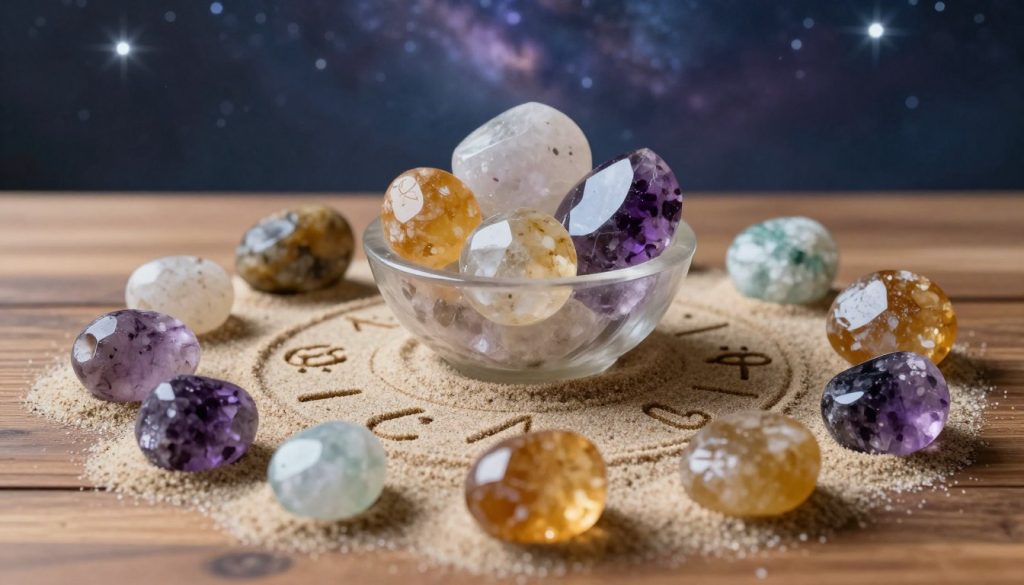A serene and enchanting display of zodiac stones and talismans, artfully arranged on a polished wooden surface. In the foreground, various gemstones like amethyst, citrine, and aquamarine glimmer in soft, natural light, showcasing their unique colors and textures. In the middle, a delicate crystal bowl holds these stones, surrounded by astrological symbols drawn in fine sand, adding a mystical touch. The background features a dreamy, softly blurred image of a night sky with twinkling stars, evoking a sense of wonder and connection to the universe. The overall atmosphere is calm and inviting, suggesting a peaceful exploration of personal and astrological growth. The lighting is warm and gentle, accentuating the natural beauty of each stone. A serene and enchanting display of zodiac stones and talismans, artfully arranged on a polished wooden surface. In the foreground, various gemstones like amethyst, citrine, and aquamarine glimmer in soft, natural light, showcasing their unique colors and textures. In the middle, a delicate crystal bowl holds these stones, surrounded by astrological symbols drawn in fine sand, adding a mystical touch. The background features a dreamy, softly blurred image of a night sky with twinkling stars, evoking a sense of wonder and connection to the universe. The overall atmosphere is calm and inviting, suggesting a peaceful exploration of personal and astrological growth. The lighting is warm and gentle, accentuating the natural beauty of each stone.