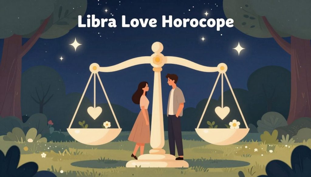 A serene and enchanting illustration representing the "Libra Love Horoscope". In the foreground, a balanced scale symbolizing Libra, delicately adorned with flowers and heart motifs, reflects harmony and romance. In the middle ground, a couple dressed in elegant, modest casual attire, gazing at each other with affection in a softly lit park, embodying romantic initiatives. Behind them, a dreamy night sky sprinkled with stars, casting a gentle glow, while subtle silhouettes of trees frame the scene, creating an intimate atmosphere. The lighting is warm and inviting, enhancing the feeling of love and connection. The overall mood is uplifting, serene, and focused on love and relationships, perfect for illustrating the essence of Libra’s love horoscopes.