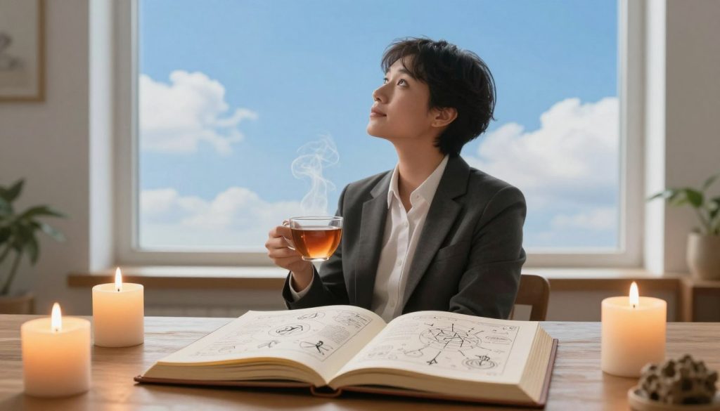 A serene and harmonious scene capturing the essence of a daily horoscope for Aquarius. In the foreground, an open journal rests on a wooden table, featuring astrological symbols and charts, surrounded by soft candles casting warm, inviting light. In the middle, a calm, composed individual dressed in professional attire gazes thoughtfully at the sky, contemplating their day ahead. They hold a steaming cup of tea, radiating a sense of reflection and tranquility. The background features a bright window with soft natural light streaming in, revealing a cloudless blue sky dotted with gentle wisps of clouds, symbolizing clarity and openness for the day's plans and decisions. The overall mood is uplifting and contemplative, inviting the viewer to embrace the day’s potential.