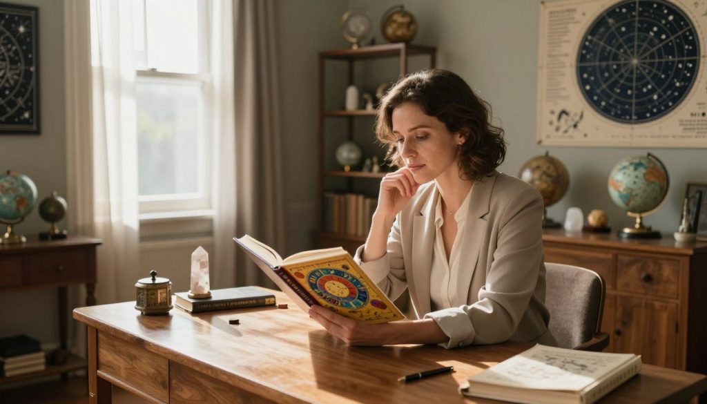 A serene and inviting study room filled with astrological charts and star maps. In the foreground, a professional woman in modest business attire is sitting at a wooden desk, thoughtfully examining a colorful astrology book. The middle ground features an open window with sunlight streaming in through sheer curtains, casting soft shadows on the floor. Behind her, shelves lined with mystical artifacts like crystals and celestial globes create an enchanting background. The color palette includes warm earth tones, accenting the tranquil atmosphere of exploration and knowledge. The lighting is natural and soft, enhancing the mood of introspection and discovery, as if the woman is deep in thought about applying astrological insights to her life. The camera angle is slightly above eye level, focusing on her engaged expression and the rich details of the study room.