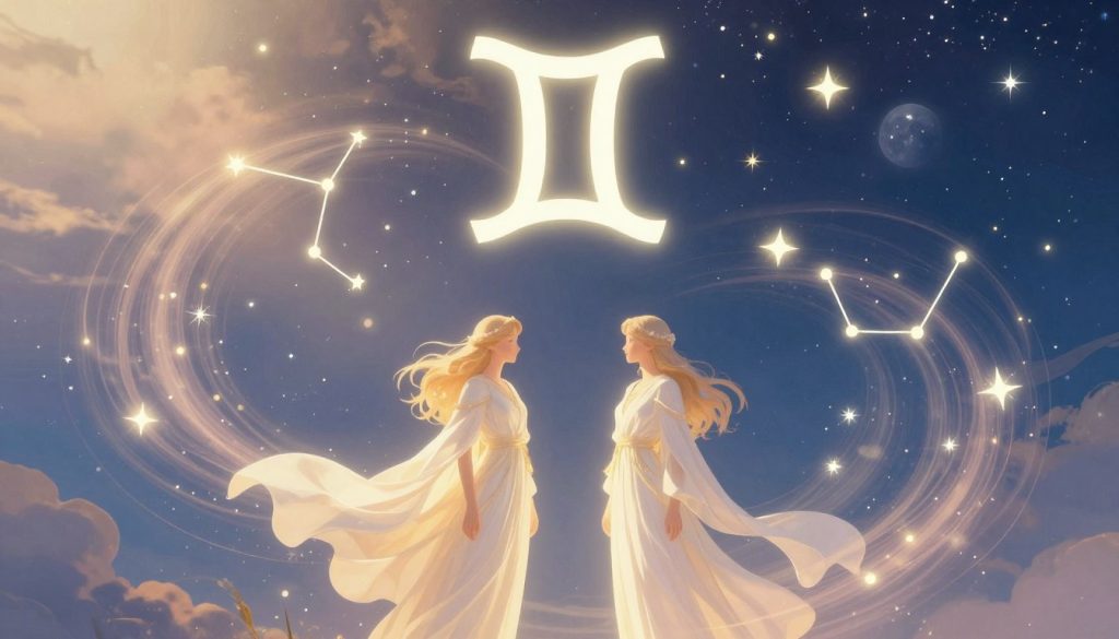 A serene and mystical representation of Gemini birth dates, featuring the astrological symbols associated with Gemini. In the foreground, display two symbolic figures representing the duality of Gemini, dressed in flowing garments, standing side by side with a celestial backdrop. The middle layer includes vibrant stars and constellations swirling around, illuminated with a soft glow. In the background, depict a gentle transition from day to night, symbolizing the dual nature of this zodiac sign. Utilize warm yet ethereal lighting that enhances the dream-like quality of the scene. The overall mood should be enchanting and contemplative, capturing the essence of astrology and the elemental connection of Gemini to air, with a focus on harmony and balance. A serene and mystical representation of Gemini birth dates, featuring the astrological symbols associated with Gemini. In the foreground, display two symbolic figures representing the duality of Gemini, dressed in flowing garments, standing side by side with a celestial backdrop. The middle layer includes vibrant stars and constellations swirling around, illuminated with a soft glow. In the background, depict a gentle transition from day to night, symbolizing the dual nature of this zodiac sign. Utilize warm yet ethereal lighting that enhances the dream-like quality of the scene. The overall mood should be enchanting and contemplative, capturing the essence of astrology and the elemental connection of Gemini to air, with a focus on harmony and balance.