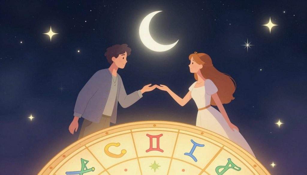 A serene and mystical scene depicting an astrological theme focused on love and relationships. In the foreground, a beautifully illustrated horoscope wheel with vibrant zodiac symbols, particularly highlighting Gemini, surrounded by soft glowing stars. In the middle, two ethereal figures—one male and one female—dressed in elegant, modest clothing, reaching out to each other with gentle expressions, symbolizing trust and connection. The background features a dreamy night sky filled with twinkling stars and a luminous crescent moon, casting a soft, romantic light over the scene. The atmosphere is warm and inviting, evoking feelings of love, harmony, and celestial guidance. The composition is framed in a way that emphasizes the connection between the figures and the celestial elements, creating a sense of unity. A serene and mystical scene depicting an astrological theme focused on love and relationships. In the foreground, a beautifully illustrated horoscope wheel with vibrant zodiac symbols, particularly highlighting Gemini, surrounded by soft glowing stars. In the middle, two ethereal figures—one male and one female—dressed in elegant, modest clothing, reaching out to each other with gentle expressions, symbolizing trust and connection. The background features a dreamy night sky filled with twinkling stars and a luminous crescent moon, casting a soft, romantic light over the scene. The atmosphere is warm and inviting, evoking feelings of love, harmony, and celestial guidance. The composition is framed in a way that emphasizes the connection between the figures and the celestial elements, creating a sense of unity.