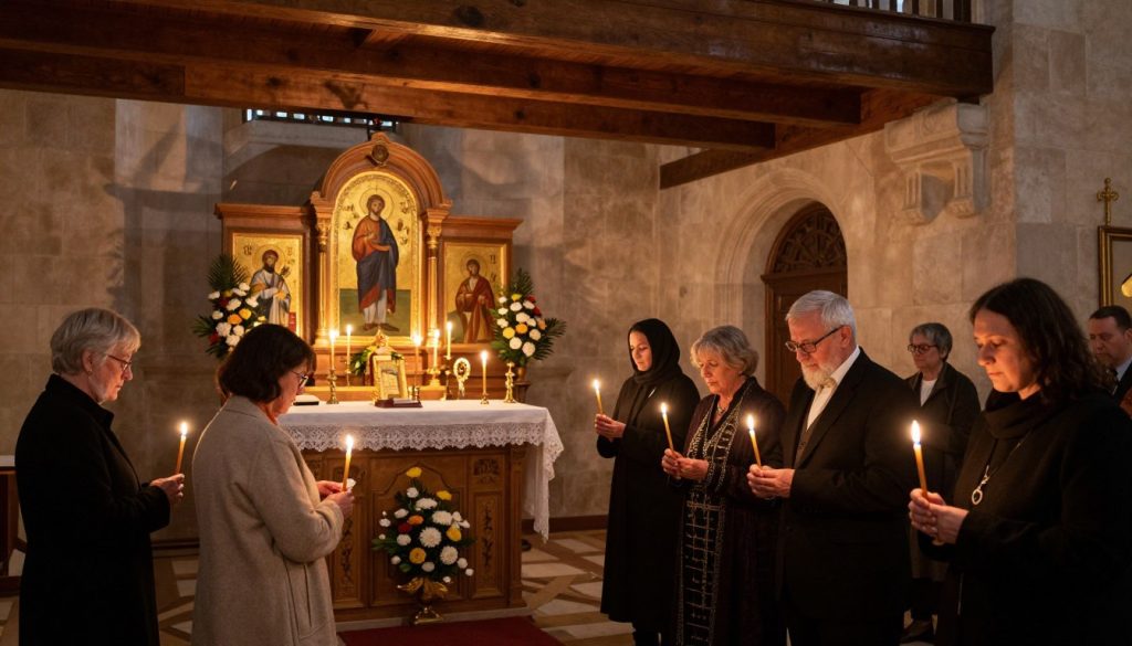 A serene and reflective scene depicting a "Day of Remembrance" event in a traditional Orthodox church setting. In the foreground, a group of people of diverse ages and backgrounds are dressed in modest, respectful attire, holding candles as they pray quietly. In the middle, a beautifully adorned altar with Orthodox icons and flower arrangements symbolizes reverence. The background showcases soft, ethereal candlelight illuminating the church’s wooden beams and historic architecture, casting gentle shadows on the stone walls. The atmosphere is somber yet uplifting, with a warm golden glow that evokes a sense of peace and remembrance. The image captures the essence of a significant religious observance, inviting viewers to reflect on its importance.