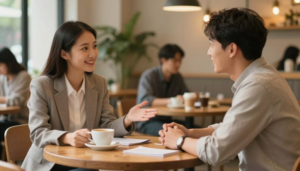 A serene and vibrant meeting scene set in a cozy café, showcasing two individuals engaged in a warm conversation. In the foreground, a woman with a soft smile, dressed in professional business attire, leans forward, her body language open and inviting. Across from her, a man with an engaging expression, also in modest casual clothing, listens attentively, creating a connection. In the middle background, warm lighting creates an inviting atmosphere, with soft shadows casting gently on the wooden table scattered with coffee cups and notes. The background features a blurred view of café patrons, plants, and warm colors, enhancing the sense of community. The overall mood is friendly and inspiring, embodying the theme of communication and new connections that can influence life paths. A serene and vibrant meeting scene set in a cozy café, showcasing two individuals engaged in a warm conversation. In the foreground, a woman with a soft smile, dressed in professional business attire, leans forward, her body language open and inviting. Across from her, a man with an engaging expression, also in modest casual clothing, listens attentively, creating a connection. In the middle background, warm lighting creates an inviting atmosphere, with soft shadows casting gently on the wooden table scattered with coffee cups and notes. The background features a blurred view of café patrons, plants, and warm colors, enhancing the sense of community. The overall mood is friendly and inspiring, embodying the theme of communication and new connections that can influence life paths.