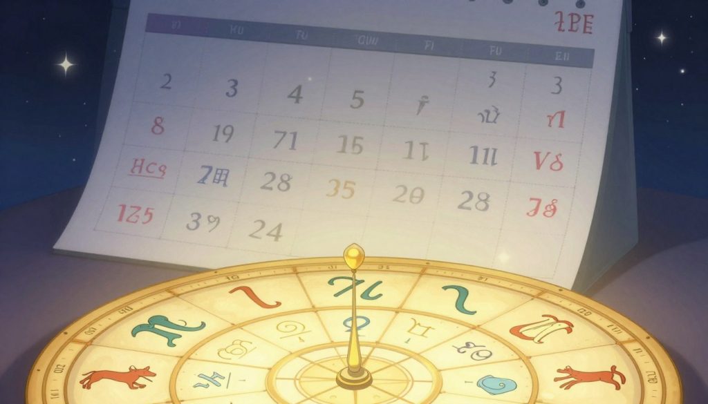 A serene and visually appealing illustration depicting the concept of determining one's zodiac sign based on birth date. In the foreground, a beautifully designed astrological wheel is displayed, showcasing symbols of the twelve zodiac signs, each artistically represented. In the middle ground, a calendar page with highlighted dates and astrological symbols emerges, symbolizing the connection between dates and zodiac signs. The background features a soft, starry night sky, evoking a mystical atmosphere. Utilize soft, ethereal lighting to create a warm and inviting mood, with gentle glow effects illuminating the astrological elements. The scene should feel harmonious and contemplative, promoting a sense of connection to astrology without any human figures or textual distractions.