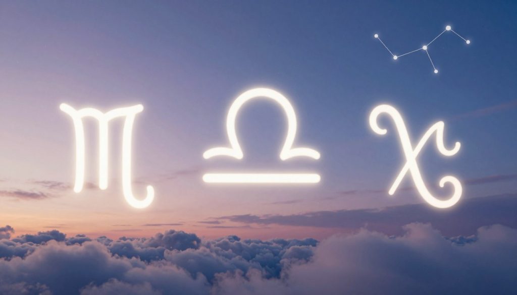A serene astrological scene depicting the traits of air signs: Gemini, Libra, and Aquarius. In the foreground, elegantly styled celestial symbols representing each sign float softly, illuminated by a gentle glow. The middle layer features ethereal clouds shaped like the zodiac signs, seamlessly blending into a twilight sky that transitions from soft pastels to deep indigo. Subtle constellations shimmer in the background, adding depth to the celestial atmosphere. The overall mood is tranquil and mystical, evoking a sense of reflection and insight. The lighting is soft and diffused, resembling the early evening, casting a calming ambiance. The composition should maintain clarity and balance, emphasizing the air element's lightness and harmony without any text or human figures.