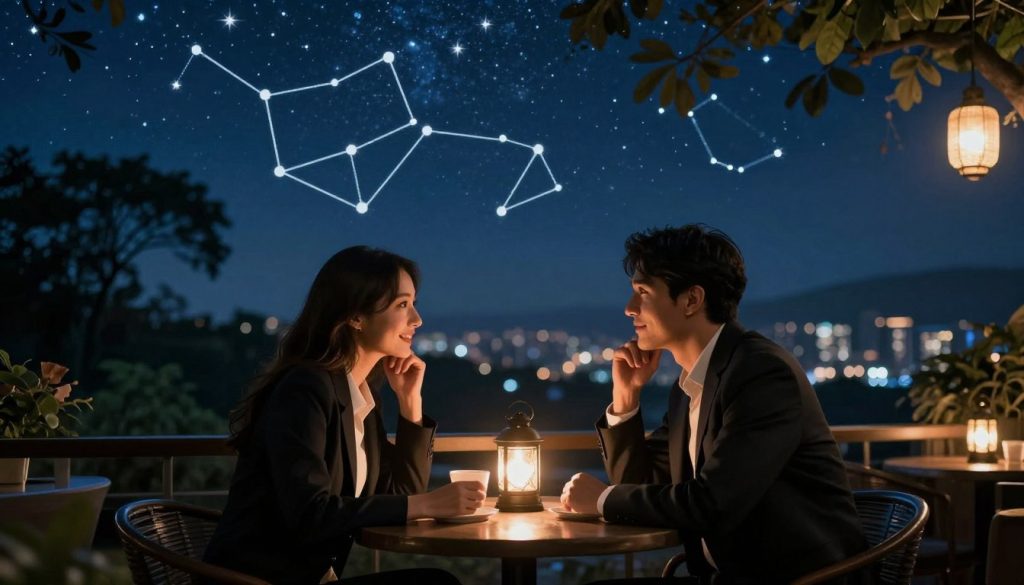 A serene astrological scene representing love and relationships, featuring a beautiful night sky filled with stars and constellations. In the foreground, a couple sits together at a cozy café table, engaged in an intimate conversation, dressed in professional business attire. Soft, warm lighting from nearby lanterns casts a gentle glow on their faces, highlighting their expressions of trust and openness. In the middle ground, silhouettes of trees create a peaceful backdrop, while the background displays a dreamy cityscape under a starry night. The overall atmosphere is romantic and inviting, emphasizing connection, trust, and meaningful discussions about relationships. Use a cinematic angle to capture the emotional depth of the moment. A serene astrological scene representing love and relationships, featuring a beautiful night sky filled with stars and constellations. In the foreground, a couple sits together at a cozy café table, engaged in an intimate conversation, dressed in professional business attire. Soft, warm lighting from nearby lanterns casts a gentle glow on their faces, highlighting their expressions of trust and openness. In the middle ground, silhouettes of trees create a peaceful backdrop, while the background displays a dreamy cityscape under a starry night. The overall atmosphere is romantic and inviting, emphasizing connection, trust, and meaningful discussions about relationships. Use a cinematic angle to capture the emotional depth of the moment.