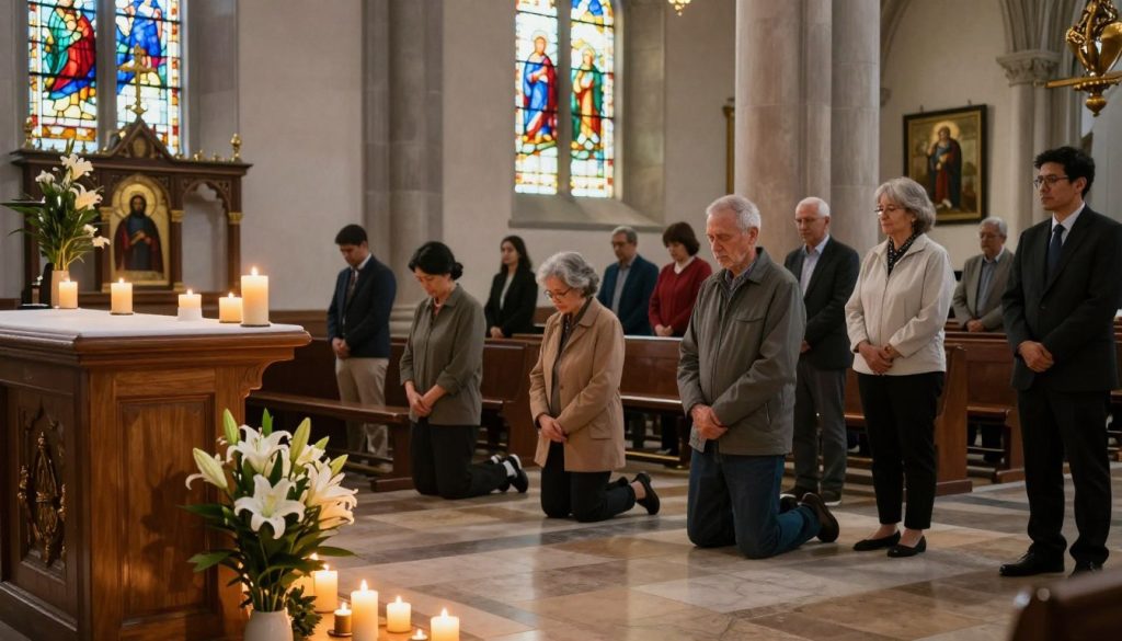 A serene church interior adorned with memorial candles and flowers, symbolizing "Day of Remembrance." In the foreground, a wooden altar is beautifully decorated with a small bouquet of white lilies and a flickering candle, casting a warm glow. In the middle, parishioners of diverse backgrounds in modest casual clothing, some kneeling in prayer, others standing quietly, conveying respect and reflection. Soft natural light streams through stained glass windows, illuminating the space and enhancing the calm atmosphere. In the background, church icons and religious art create a sense of history and reverence. The overall mood is one of introspection, peace, and remembrance, inviting viewers to contemplate the significance of the day. A serene church interior adorned with memorial candles and flowers, symbolizing "Day of Remembrance." In the foreground, a wooden altar is beautifully decorated with a small bouquet of white lilies and a flickering candle, casting a warm glow. In the middle, parishioners of diverse backgrounds in modest casual clothing, some kneeling in prayer, others standing quietly, conveying respect and reflection. Soft natural light streams through stained glass windows, illuminating the space and enhancing the calm atmosphere. In the background, church icons and religious art create a sense of history and reverence. The overall mood is one of introspection, peace, and remembrance, inviting viewers to contemplate the significance of the day.