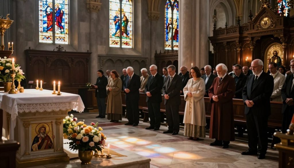 A serene church interior, with soft natural light filtering through stained glass windows, casting colorful patterns on the stone floor. In the foreground, a beautifully arranged altar dedicated to Saint Theodosius the Great, adorned with candles, flowers, and an icon of the saint. The middle ground features a diverse group of people dressed in modest, traditional clothing, lit by warm candlelight, engaged in prayer and reflection, creating a sense of community. In the background, the church's ornate architecture is visible, with high ceilings and intricate woodwork, enhancing the sacred atmosphere. The overall mood is one of reverence and tranquility, evoking a deep spiritual connection. Focused shot with a slight depth of field to emphasize the altar and worshippers in a warm, inviting color palette.
