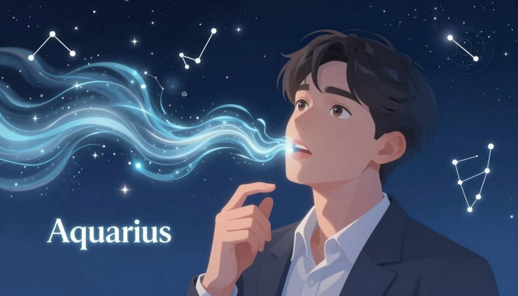 A serene illustration of the Aquarius zodiac sign, featuring a person with an open, thoughtful expression, dressed in professional attire. The foreground includes a clear view of the individual, showcasing strong facial features that reflect intellect and uniqueness. In the middle ground, an ethereal representation of flowing water symbolizes the element of air and connects to creativity and independence, surrounded by constellations and celestial motifs. The background displays a starry night sky, emphasizing tranquility and the complexity of Aquarius traits. The image is illuminated with soft, ambient lighting, creating a dreamy atmosphere. A slight lens flare adds a touch of magic, enhancing the overall mystique of the zodiac sign while maintaining a calm, reflective mood. A serene illustration of the Aquarius zodiac sign, featuring a person with an open, thoughtful expression, dressed in professional attire. The foreground includes a clear view of the individual, showcasing strong facial features that reflect intellect and uniqueness. In the middle ground, an ethereal representation of flowing water symbolizes the element of air and connects to creativity and independence, surrounded by constellations and celestial motifs. The background displays a starry night sky, emphasizing tranquility and the complexity of Aquarius traits. The image is illuminated with soft, ambient lighting, creating a dreamy atmosphere. A slight lens flare adds a touch of magic, enhancing the overall mystique of the zodiac sign while maintaining a calm, reflective mood.