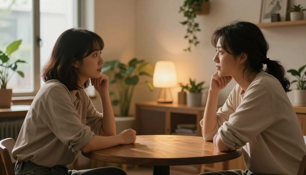 A serene indoor setting showcasing two individuals engaged in a deep and meaningful conversation. In the foreground, a man and a woman, both in modest casual clothing, are seated across from each other at a small wooden table, their expressions reflecting curiosity and understanding. In the middle ground, a cozy ambiance is created by warm lighting, casting soft glows and gentle shadows. Decorative plants adorn the background, enhancing the intimate atmosphere, with large windows letting in soft daylight. The scene conveys a sense of connection and emotional depth, symbolizing the thoughtful and open-minded qualities of Aquarius in love and relationships. The perspective is slightly angled, drawing the viewer's eye towards the couple’s engaged interaction, evoking a mood of warmth and authenticity. A serene indoor setting showcasing two individuals engaged in a deep and meaningful conversation. In the foreground, a man and a woman, both in modest casual clothing, are seated across from each other at a small wooden table, their expressions reflecting curiosity and understanding. In the middle ground, a cozy ambiance is created by warm lighting, casting soft glows and gentle shadows. Decorative plants adorn the background, enhancing the intimate atmosphere, with large windows letting in soft daylight. The scene conveys a sense of connection and emotional depth, symbolizing the thoughtful and open-minded qualities of Aquarius in love and relationships. The perspective is slightly angled, drawing the viewer's eye towards the couple’s engaged interaction, evoking a mood of warmth and authenticity.