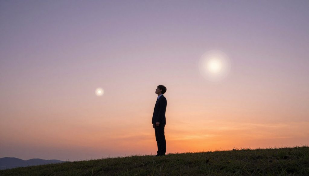 A serene landscape illustrating the concept of "intuition." In the foreground, a contemplative figure dressed in professional attire stands on a grassy hill, gazing thoughtfully towards the horizon. In the middle ground, ethereal orbs of soft light float gently through the air, symbolizing insights and hidden knowledge. The background features a tranquil sunset sky, painted in warm oranges and soft purples, hinting at possibilities and new beginnings. The lighting is soft, creating a peaceful atmosphere that evokes reflection and self-discovery. Use a low angle to capture the figure's expression and the depth of the landscape, emphasizing a sense of calm and connection with the universe. The scene embodies a mood of introspection and hope, inviting viewers to contemplate their own intuitive insights.