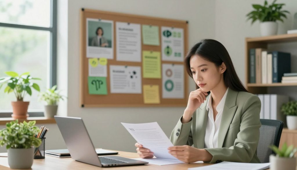 A serene office environment dominated by shades of green and earth tones to represent the Virgo zodiac sign. In the foreground, a focused professional woman in smart business attire is seated at a desk, reviewing documents with a thoughtful expression. In the middle, a vision board filled with career inspirations, financial goals, and health reminders is pinned to the wall. The background features a window with soft, natural light streaming in, illuminating potted plants that symbolize growth and health. A bookshelf filled with self-improvement books adds to the atmosphere of ambition and vitality. The overall mood is one of determination and balance, reflecting the dual themes of career advancements and well-being associated with Virgo. The image should be bright and inviting, captured with a soft focus lens to enhance the warmth of the scene. A serene office environment dominated by shades of green and earth tones to represent the Virgo zodiac sign. In the foreground, a focused professional woman in smart business attire is seated at a desk, reviewing documents with a thoughtful expression. In the middle, a vision board filled with career inspirations, financial goals, and health reminders is pinned to the wall. The background features a window with soft, natural light streaming in, illuminating potted plants that symbolize growth and health. A bookshelf filled with self-improvement books adds to the atmosphere of ambition and vitality. The overall mood is one of determination and balance, reflecting the dual themes of career advancements and well-being associated with Virgo. The image should be bright and inviting, captured with a soft focus lens to enhance the warmth of the scene.