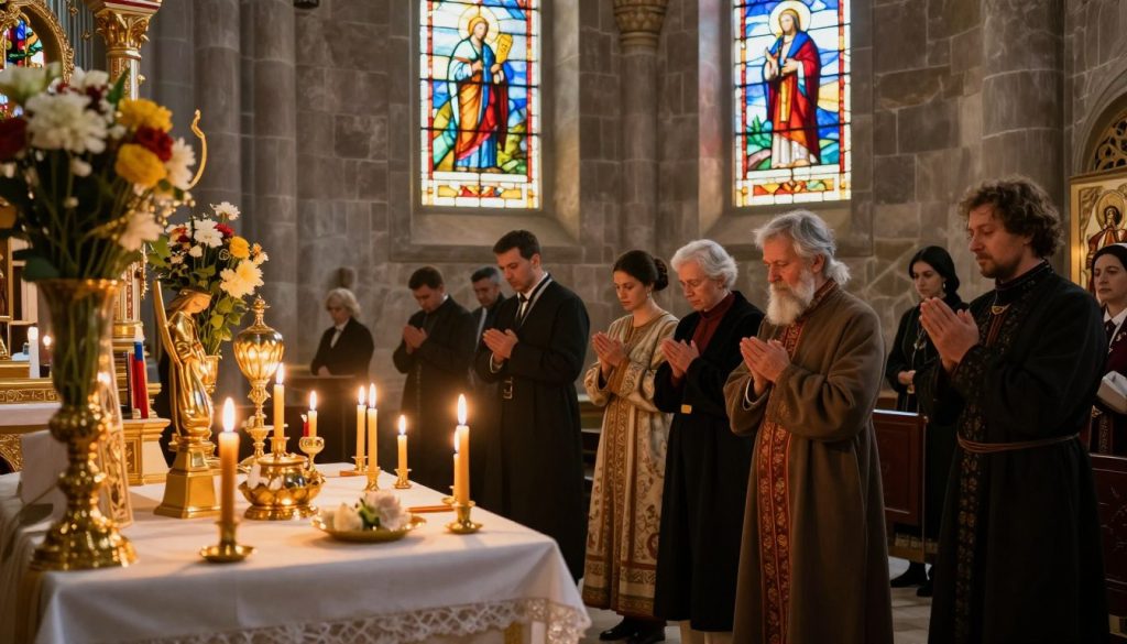 A serene Orthodox church interior during a festive celebration, capturing the essence of traditional superstitions and omens for good luck. In the foreground, a beautifully arranged altar adorned with candles, flowers, and religious icons, radiating warm golden light. In the middle ground, a group of people dressed in modest, traditional attire engaging in prayer, showcasing reverence and devotion. The background features stained glass windows filtering colorful light into the space, enhancing the spiritual atmosphere. The scene is illuminated by soft, natural light, creating a tranquil mood, with gentle shadows playing across the stone walls. The composition focuses on harmony and spirituality, reflecting the significance of Orthodox traditions and the associated beliefs about good fortune.