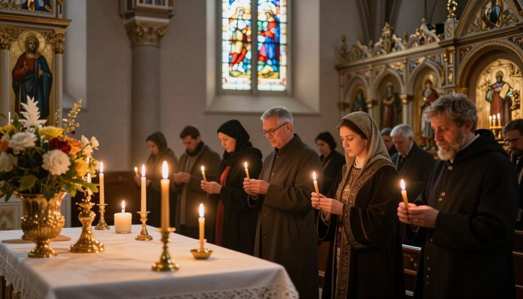 A serene Orthodox church interior on January 12th, highlighting Tatiana of Rome's feast day. In the foreground, an ornate altar adorned with candles and flowers, reflecting warm golden light. In the middle, a group of respectful worshippers dressed in modest attire, lighting candles and offering prayers, their expressions conveying devotion and reverence. The background shows stained glass windows filtering soft, colorful light into the space, enhancing the spiritual atmosphere. Rich wooden beams and intricate iconography decorate the walls, creating a sense of history. Capture a tranquil yet uplifting mood with soft focus on the worshippers, emphasizing the sacredness of the occasion.