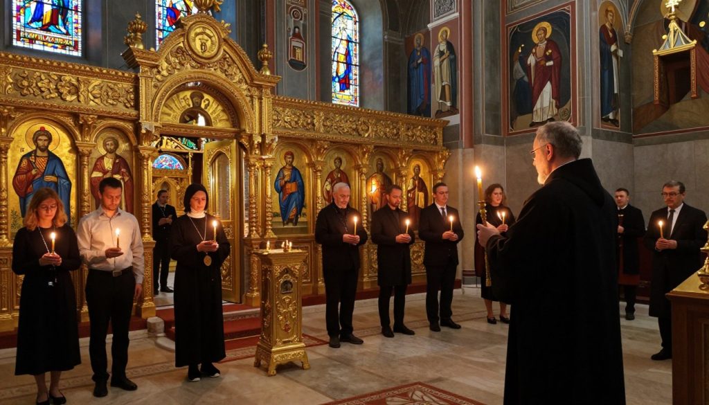 A serene Orthodox church interior, softly illuminated by warm candlelight, featuring intricate golden iconostasis depicting Saint Theodosius the Great in vibrant colors. In the foreground, a modestly dressed priest holds a lit candle in prayer, representing solemnity and devotion. The middle ground reveals worshippers, engrossed in prayer, with flickering candles in hand, dressed in smart, conservative attire. Stained glass windows cast a spectrum of light across the stone floors, enhancing the ethereal atmosphere. In the background, beautifully detailed wall paintings tell the story of Saint Theodosius and his contributions to the church. Capture the scene with a wide-angle lens to encompass the rich details and convey a warm, reverent mood that highlights the significance of the day in the Orthodox calendar. A serene Orthodox church interior, softly illuminated by warm candlelight, featuring intricate golden iconostasis depicting Saint Theodosius the Great in vibrant colors. In the foreground, a modestly dressed priest holds a lit candle in prayer, representing solemnity and devotion. The middle ground reveals worshippers, engrossed in prayer, with flickering candles in hand, dressed in smart, conservative attire. Stained glass windows cast a spectrum of light across the stone floors, enhancing the ethereal atmosphere. In the background, beautifully detailed wall paintings tell the story of Saint Theodosius and his contributions to the church. Capture the scene with a wide-angle lens to encompass the rich details and convey a warm, reverent mood that highlights the significance of the day in the Orthodox calendar.