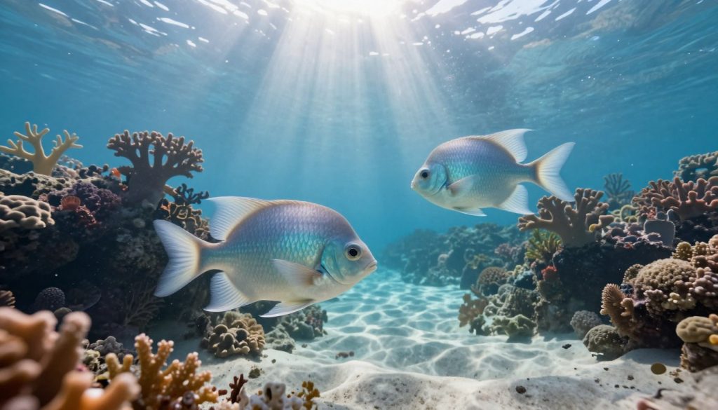 A serene underwater scene featuring two ethereal fish symbolizing intuition, gracefully swimming among vibrant coral reefs. The foreground showcases the fish in intricate detail, capturing their shimmering scales and elegant movements. In the middle, colorful coral formations and playful sea plants create a lively atmosphere. Soft beams of sunlight filter through the water, illuminating the scene and casting gentle shadows on the sandy ocean floor. The background reveals a tranquil blue gradient, enhancing the sense of depth and calmness of the underwater world. The mood is peaceful and mystical, reflecting the essence of the Pisces zodiac sign. Use a wide-angle lens to capture the expansive beauty of the underwater environment, emphasizing harmony and tranquility.