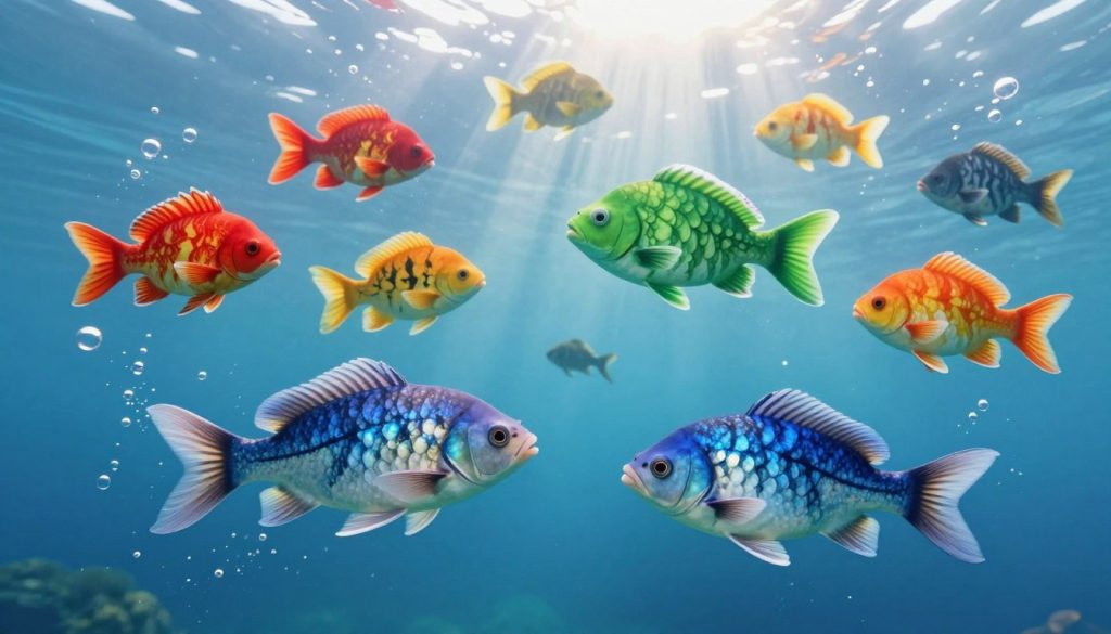 A serene underwater scene illustrating the zodiac sign Pisces in a harmonious composition with other zodiac signs. In the foreground, two elegant fish embodying the Pisces symbol swim gracefully through clear blue water, surrounded by shimmering bubbles. The middle ground features other zodiac signs represented as colorful, artistic fish: Aries as a fiery red fish, Taurus as a sturdy green fish, and so on, all swimming together in a peaceful gathering. In the background, soft rays of sunlight filter through the water, creating a calm and inviting atmosphere. The scene conveys a sense of tranquility and harmony, with vibrant colors and gentle motion. The lighting is bright yet soft, enhancing the serene underwater setting. The overall mood is one of companionship and compatibility among the zodiac signs.