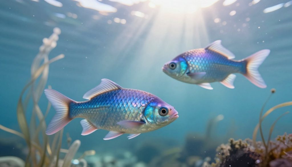 A serene underwater scene showcasing the zodiac sign Pisces, featuring two gracefully swimming fish symbolizing the dual nature of this sign. In the foreground, the fish are vividly colored, with scales reflecting shades of blue and silver, interspersed with hints of pastel pink and purple. The middle ground includes ethereal aquatic plants swaying gently in the water, adding a touch of elegance. In the background, soft beams of sunlight filter through the water's surface, creating a dreamy, tranquil atmosphere. The composition should evoke feelings of harmony and intuition, emphasizing the mystical qualities of Pisces. The scene should be well-lit, with a soft focus effect to enhance the peaceful ambiance of the ocean depths. No human subjects are included.