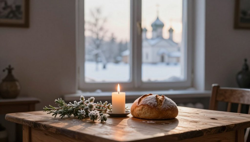 A serene winter scene depicting traditional January folklore about Orthodox church celebrations. In the foreground, a cozy wooden table is set with a lit candle, a small loaf of bread, and sprigs of frost-covered herbs, symbolizing the customs of January 11th. In the middle ground, a window shows a peaceful snowy landscape, hinting at the beauty of winter, with soft sunlight streaming through. Light filters into the room, casting warm shadows that create an inviting atmosphere. In the background, faint silhouettes of church domes can be seen, emphasizing the religious significance of the date. The overall mood is tranquil and reflective, capturing the essence of winter traditions and spiritual connection without any text or distractions. A serene winter scene depicting traditional January folklore about Orthodox church celebrations. In the foreground, a cozy wooden table is set with a lit candle, a small loaf of bread, and sprigs of frost-covered herbs, symbolizing the customs of January 11th. In the middle ground, a window shows a peaceful snowy landscape, hinting at the beauty of winter, with soft sunlight streaming through. Light filters into the room, casting warm shadows that create an inviting atmosphere. In the background, faint silhouettes of church domes can be seen, emphasizing the religious significance of the date. The overall mood is tranquil and reflective, capturing the essence of winter traditions and spiritual connection without any text or distractions.