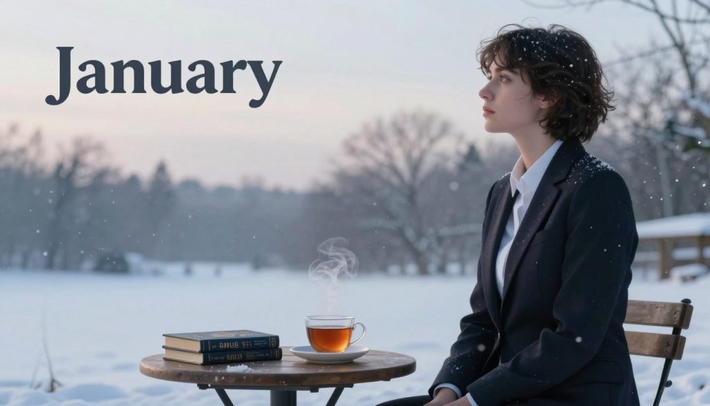 A serene winter scene reflecting the mood of January for a Scorpio horoscope. In the foreground, a person in professional business attire stands contemplatively, gazing at a soft snowfall, their expression embodying introspection and determination. In the middle, a small wooden table holds a steaming cup of tea and a few astrology books, signaling a moment of reflection. The background features a tranquil winter landscape with bare trees and a pale blue sky, the light soft and diffused, suggesting a calm morning. The colors are muted, conveying a peaceful atmosphere, while a gentle light creates an inviting and warm feeling despite the cold season. The overall composition captures the essence of a January day infused with Scorpio's introspective energy. A serene winter scene reflecting the mood of January for a Scorpio horoscope. In the foreground, a person in professional business attire stands contemplatively, gazing at a soft snowfall, their expression embodying introspection and determination. In the middle, a small wooden table holds a steaming cup of tea and a few astrology books, signaling a moment of reflection. The background features a tranquil winter landscape with bare trees and a pale blue sky, the light soft and diffused, suggesting a calm morning. The colors are muted, conveying a peaceful atmosphere, while a gentle light creates an inviting and warm feeling despite the cold season. The overall composition captures the essence of a January day infused with Scorpio's introspective energy.