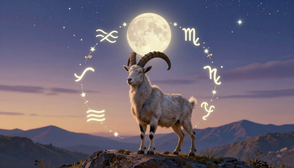 A serene zodiac-themed illustration depicting the compatibility of Capricorn with other zodiac signs. In the foreground, a majestic Capricorn goat stands confidently on a rocky hill, symbolizing determination and ambition. Surrounding it are various symbols representing other zodiac signs like Pisces, Taurus, and Virgo, artistically intertwined with vines and stars, showcasing harmony and connection. The middle ground features a soft, twilight sky transitioning from golden to deep indigo, filled with twinkling stars. The background includes a distant mountain range under a large, glowing full moon, casting gentle light. The atmosphere is peaceful and optimistic, reflecting relationships and unity. Soft, ambient lighting enhances the tranquil mood, capturing a mystical essence of astrology. No text, just a visual representation of zodiac compatibility.