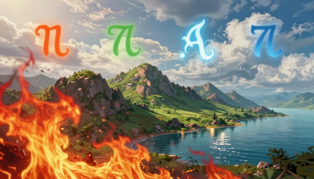 A stunning, artistic representation of the four elements associated with zodiac signs: fire, earth, air, and water. In the foreground, a vibrant flame dances with intense red and orange hues, embodying the fire element. The middle ground showcases a lush green landscape with rocky mountains symbolizing earth, rich in detail and texture. Above, swirling clouds in varying shades of blue and white epitomize air, reflecting light as if caught in a gentle breeze. Finally, a serene body of water flows in the background, its surface shimmering under soft sunlight. The atmosphere is harmonious, blending these elements seamlessly with a warm, ethereal glow, suggesting balance and unity. Use a wide-angle perspective, with soft lighting to enhance the depth and richness of colors.