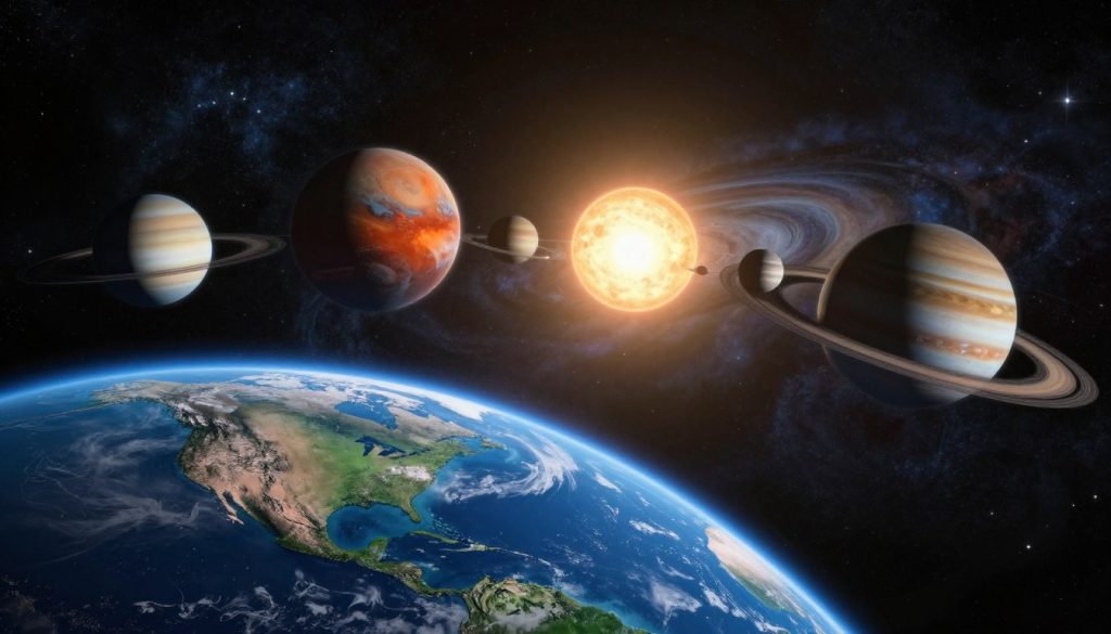 A stunning cosmic scene showcasing the alignment of planets in the solar system. In the foreground, a majestic view of Earth with its vibrant blue oceans and green lands, emphasizing its position relative to the other planets. The middle section captures a series of planets, such as Mars, Jupiter, and Saturn, artistically arranged in a celestial dance around the sun, each planet radiating unique colors and textures. The background depicts a dark, starry sky filled with twinkling stars and cosmic clouds, adding depth and mystery to the composition. The lighting is ethereal, casting soft glows from the planets and a brilliant light from the sun, enhancing the celestial atmosphere. The overall mood is one of wonder and exploration, inviting viewers to contemplate the beauty of our solar system's harmony. A stunning cosmic scene showcasing the alignment of planets in the solar system. In the foreground, a majestic view of Earth with its vibrant blue oceans and green lands, emphasizing its position relative to the other planets. The middle section captures a series of planets, such as Mars, Jupiter, and Saturn, artistically arranged in a celestial dance around the sun, each planet radiating unique colors and textures. The background depicts a dark, starry sky filled with twinkling stars and cosmic clouds, adding depth and mystery to the composition. The lighting is ethereal, casting soft glows from the planets and a brilliant light from the sun, enhancing the celestial atmosphere. The overall mood is one of wonder and exploration, inviting viewers to contemplate the beauty of our solar system's harmony.